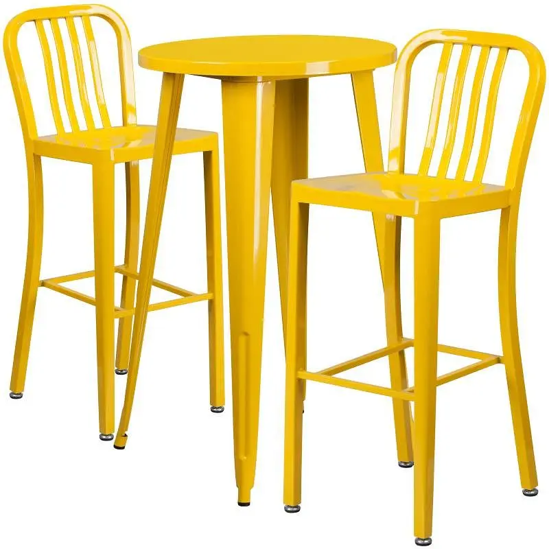 Flash Certified Furniture Earl Commercial Grade 24" Round Lemon Metal Indoor-Outdoor Bar Table Set 2 Vertical Slat Ba...