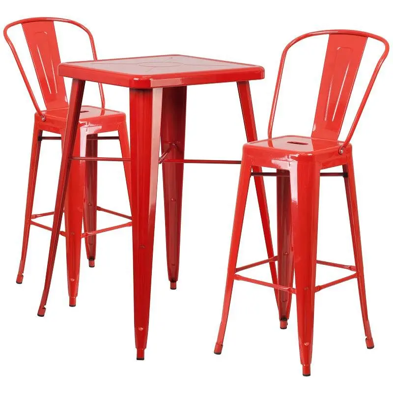 Flash Certified-Safe Furniture Gable Commercial Grade 23.75" Square Red Metal Indoor-Outdoor Bar Table Set 2 Stools B...