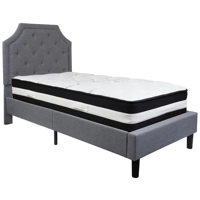 Flash Chemical-Resistant Furniture Brighton Twin Size Tufted Upholstered Platform Bed Light Grey Fabric Pocket Spring Matt...