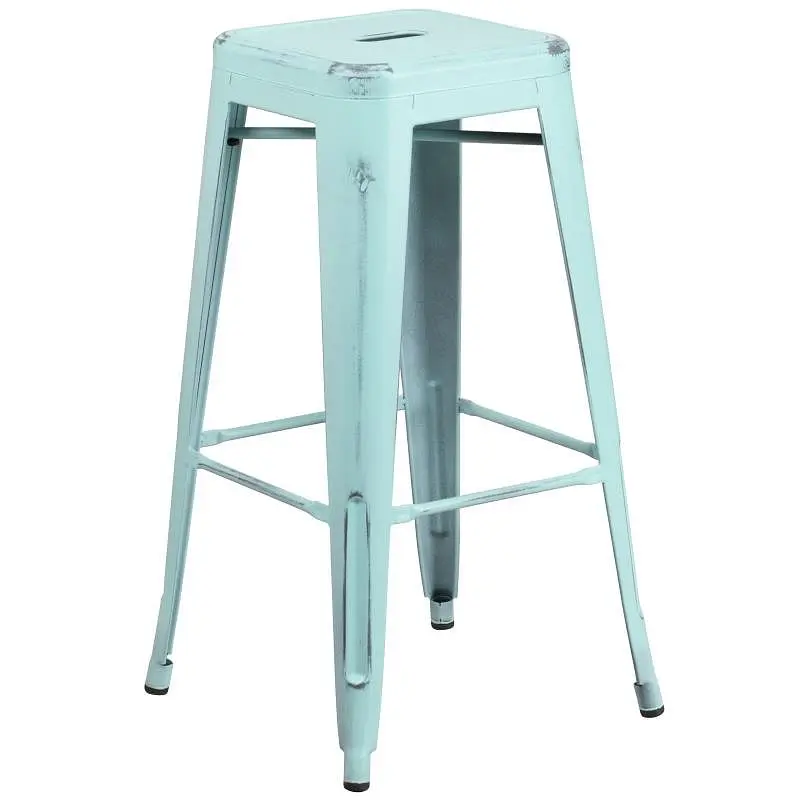 Flash Classic Furniture Kai Commercial Grade 30" High Backless Distressed Green-Blue Metal Indoor-Outdoor Barstool, E...