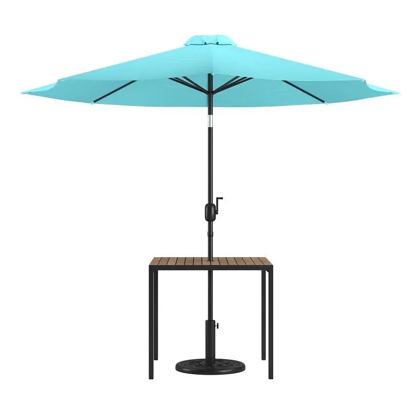 Flash Classic Furniture Lark 3 Piece Outdoor Patio Table Set - 35" Square Synthetic Teak Patio Table Teal Umbrella an...