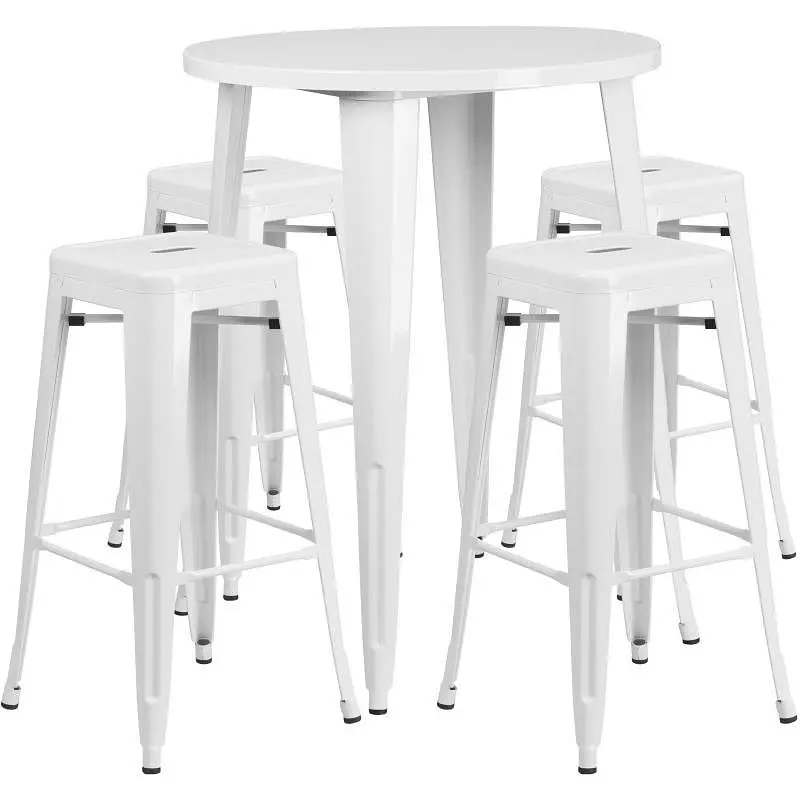 Flash Commercial-Grade Furniture Coby Commercial Grade 30" Round Cream Metal Indoor-Outdoor Bar Table Set 4 Square Se...