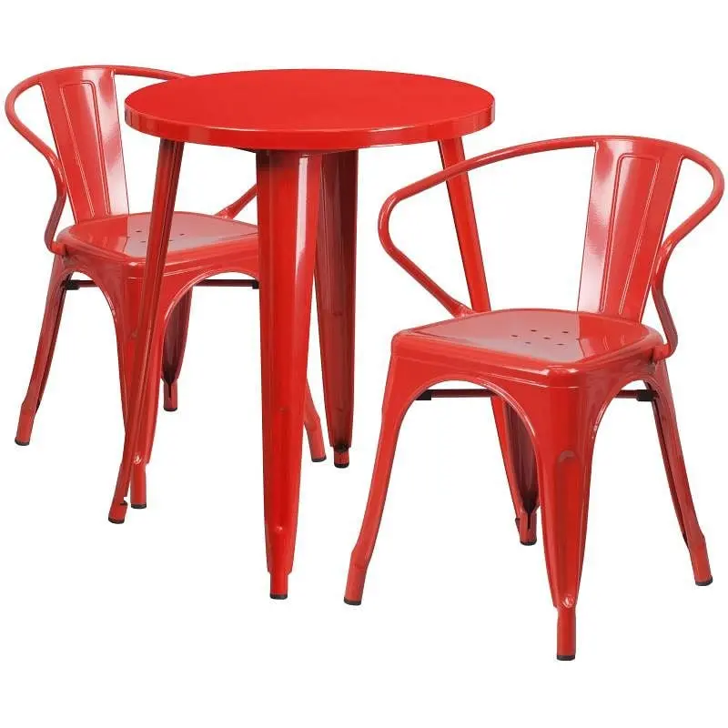 Flash Commercial-Grade Furniture Napoleon Commercial Grade 24" Round Ruby Metal Indoor-Outdoor Table Set 2 Arm Chairs...