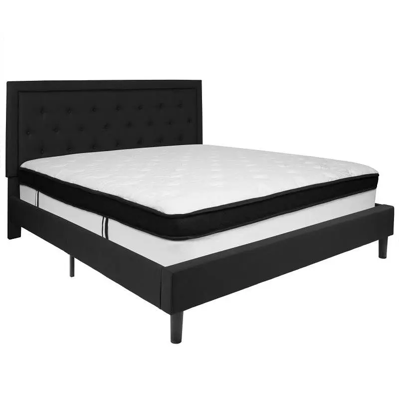 Flash Commercial-Grade Furniture Roxbury King Size Tufted Upholstered Platform Bed Onyx Fabric Memory Foam Mattress, SL-BM...