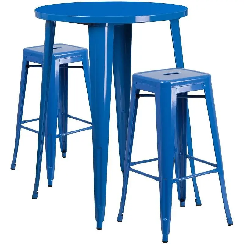 Flash Compact Furniture Boyd Commercial Grade 30" Round Royal Blue Metal Indoor-Outdoor Bar Table Set 2 Square Seat B...