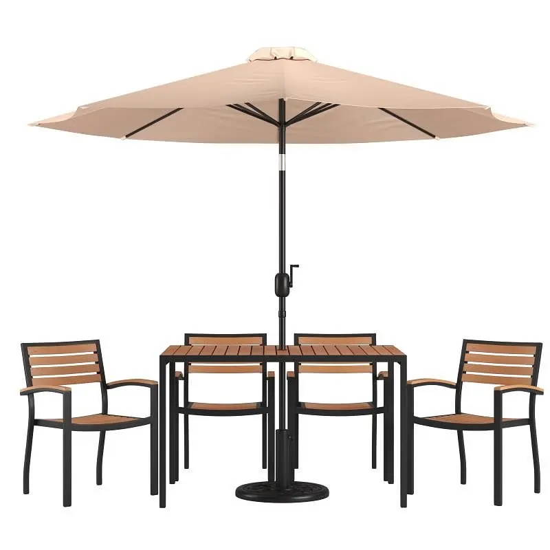 Flash Contemporary Furniture Lark 7 Piece Outdoor Patio Dining Table Set 4 Synthetic Teak Chairs, 30" x 48" Tabl...