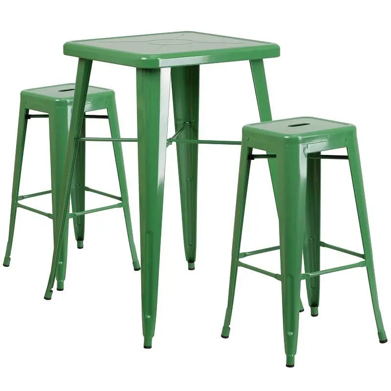 Flash Contemporary Furniture Stone Commercial Grade 23.75" Square Green Metal Indoor-Outdoor Bar Table Set 2 Square S...