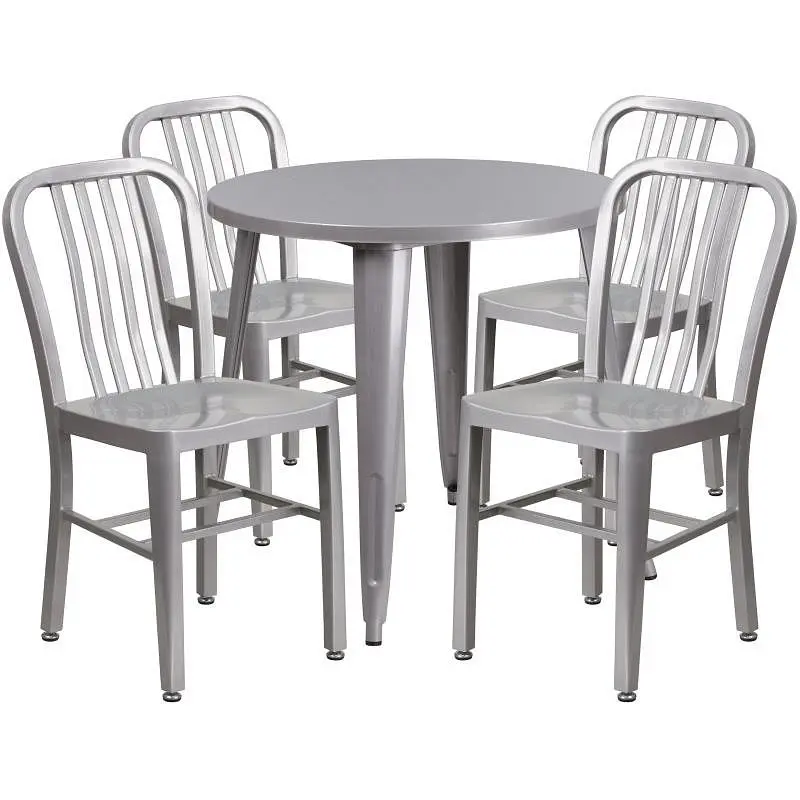 Flash Convertible Furniture Chad Commercial Grade 30" Round Silver Metal Indoor-Outdoor Table Set 4 Vertical Slat Bac...