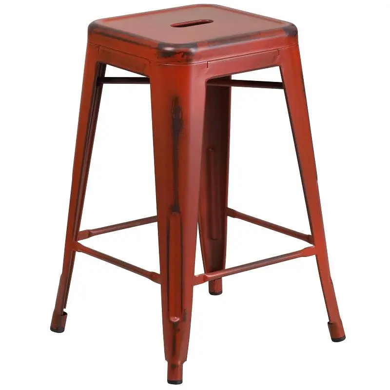 Flash Convertible Furniture Kai Commercial Grade 24" High Backless Distressed Kelly Scarlet Metal Indoor-Outdoor Coun...