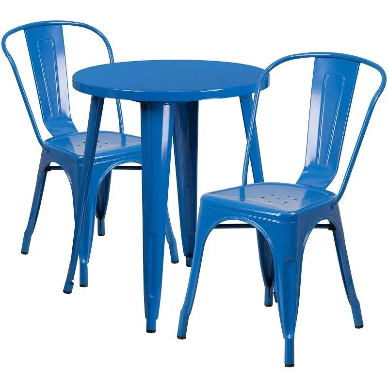 Flash Corrosion-Resistant Furniture Napoleon Commercial Grade 24" Round Blue Metal Indoor-Outdoor Table Set 2 Cafe Ch...
