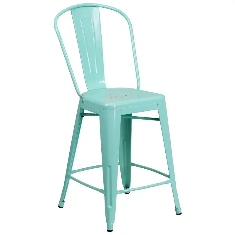 Flash CSA-Approved Furniture Carly Commercial Grade 24" High Mint Green Metal Indoor-Outdoor Counter Height Stool Bac...