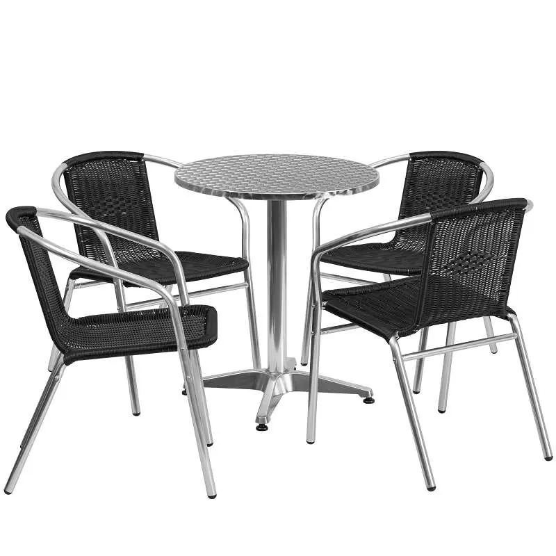 Flash CSA-Approved Furniture Lila 23.5'' Round Aircraft Aluminum Indoor-Outdoor Table Set 4 Black Rattan Chairs,...