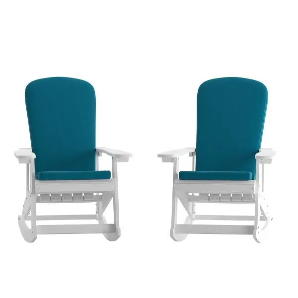Flash Deluxe Furniture Savannah All-Weather Poly Resin Wood Adirondack Rocking Chairs White Teal Cushions Deck, Set 2, 2-J...
