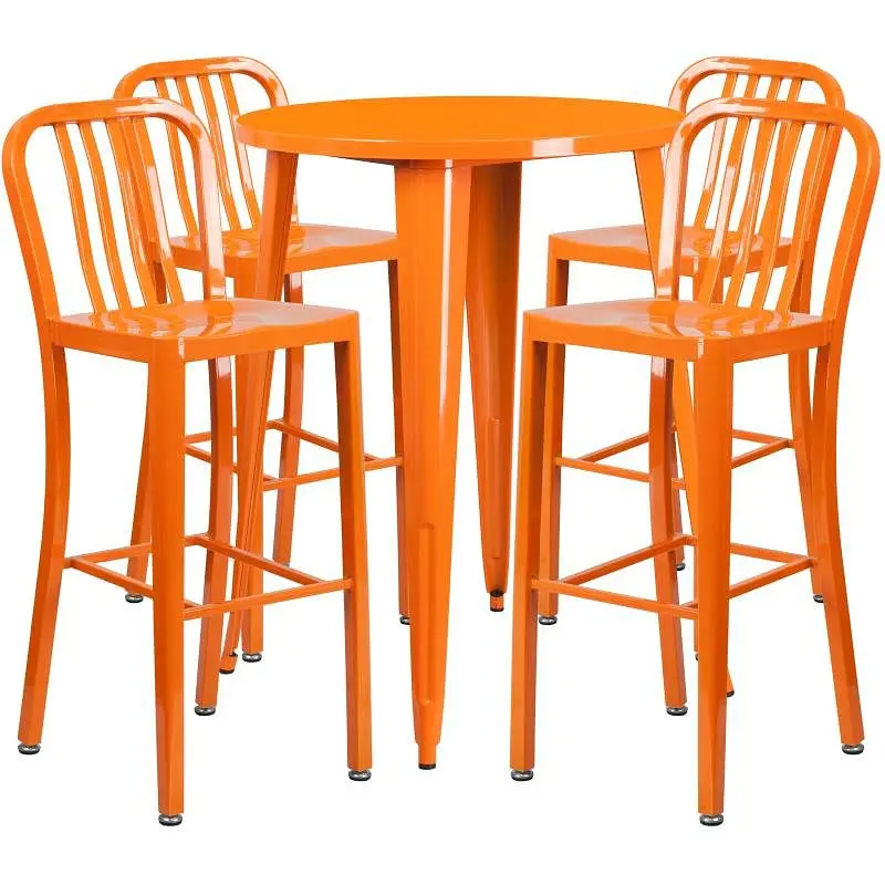 Flash Deluxe Furniture Tristan Commercial Grade 30" Round Burnt Orange Metal Indoor-Outdoor Bar Table Set 4 Vertical ...