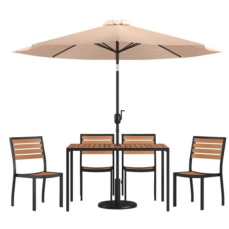 Flash Dependable Furniture Lark 7 Piece All-Weather Deck/Patio Set, Faux Teak, 4 Stacking Chairs, 30" x 48" Tabl...