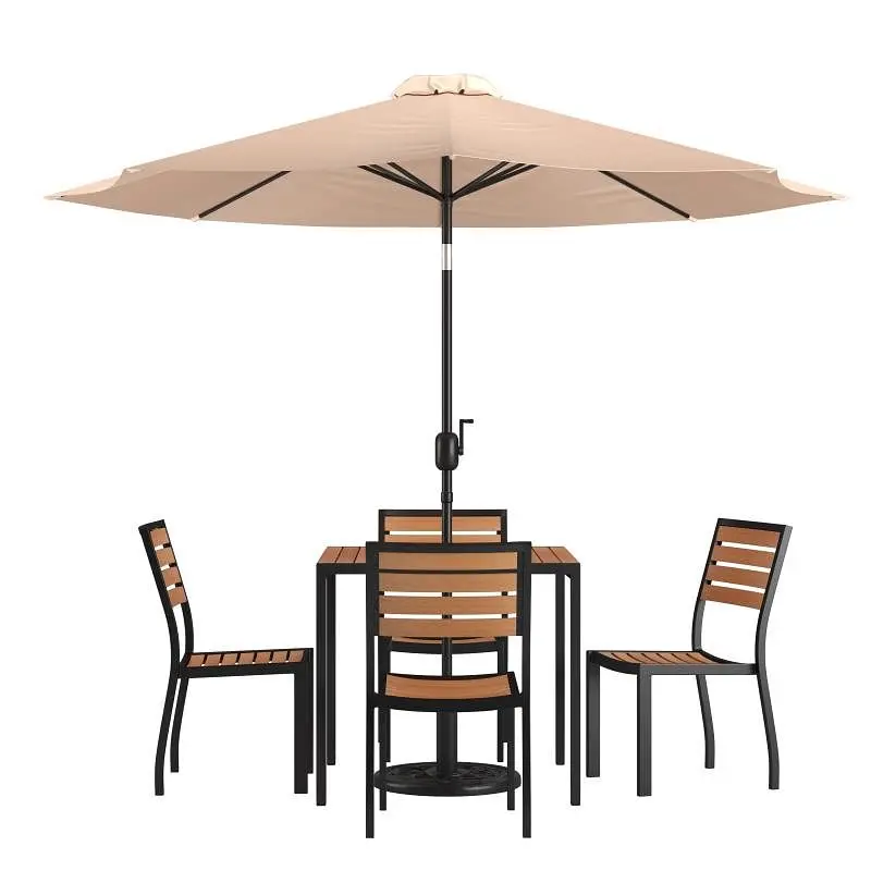 Flash Dependable Furniture Lark 7 Piece All-Weather Deck or Patio Set, 4 Stack Faux Teak Chairs, 35" Square Faux Teak...