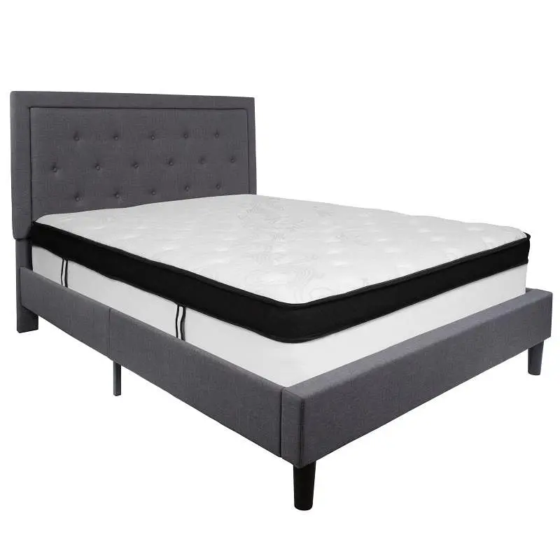 Flash Dependable Furniture Roxbury Queen Size Tufted Upholstered Platform Bed Dark Gray Fabric Memory Foam Mattress, SL-BM...