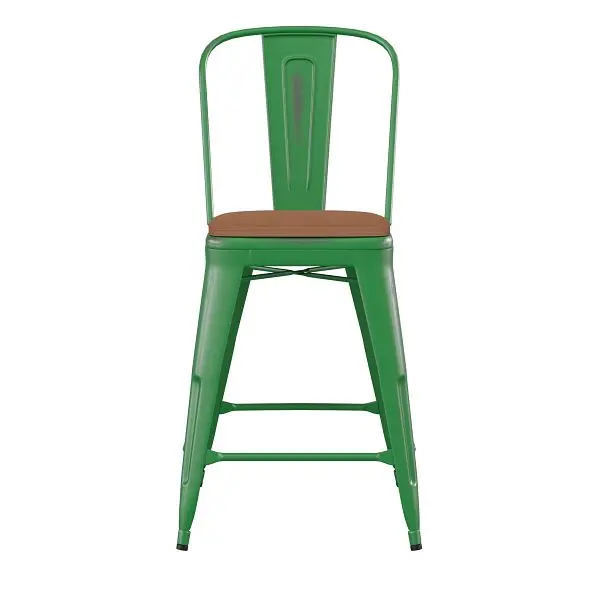 Flash Diamond-Pattern Furniture Carly Commercial 24" Green Metal Indoor-Outdoor Counter Height Stool Back, Teak Poly ...