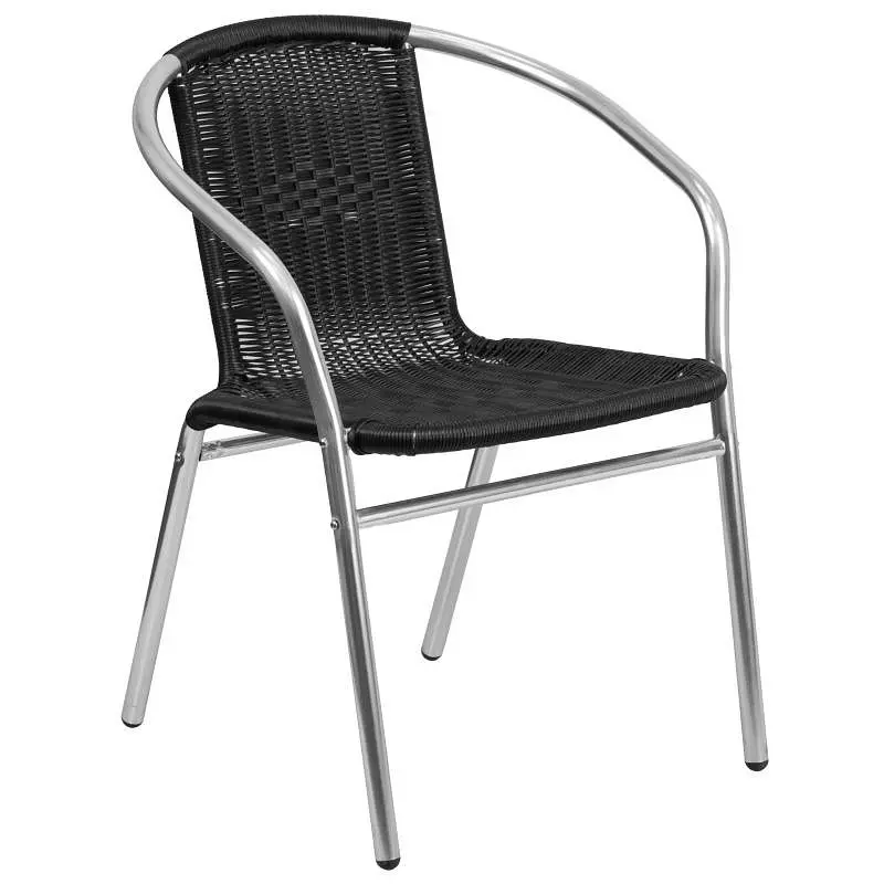Flash Diamond-Pattern Furniture Lila Commercial Lightweight Aluminum and Black Rattan Indoor-Outdoor Restaurant Stack Chai...
