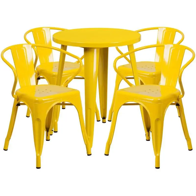 Flash Durable Furniture Chauncey Commercial Grade 24" Round Yellow Metal Indoor-Outdoor Table Set 4 Arm Chairs, CH-51...