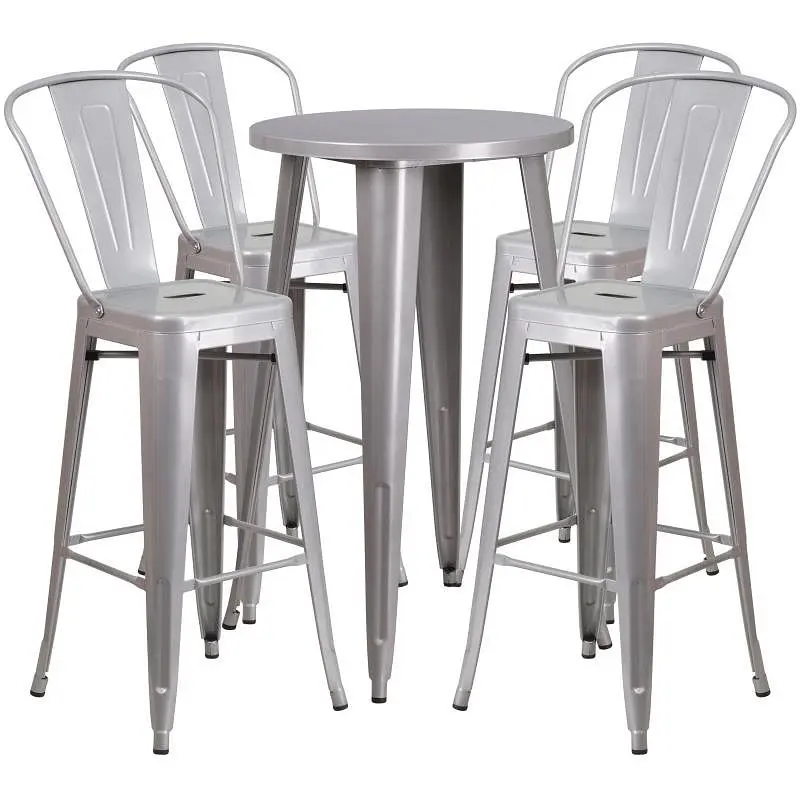 Flash Durable Furniture Dexter Commercial Grade 24" Round Metallic Silver Metal Indoor-Outdoor Bar Table Set 4 Cafe S...