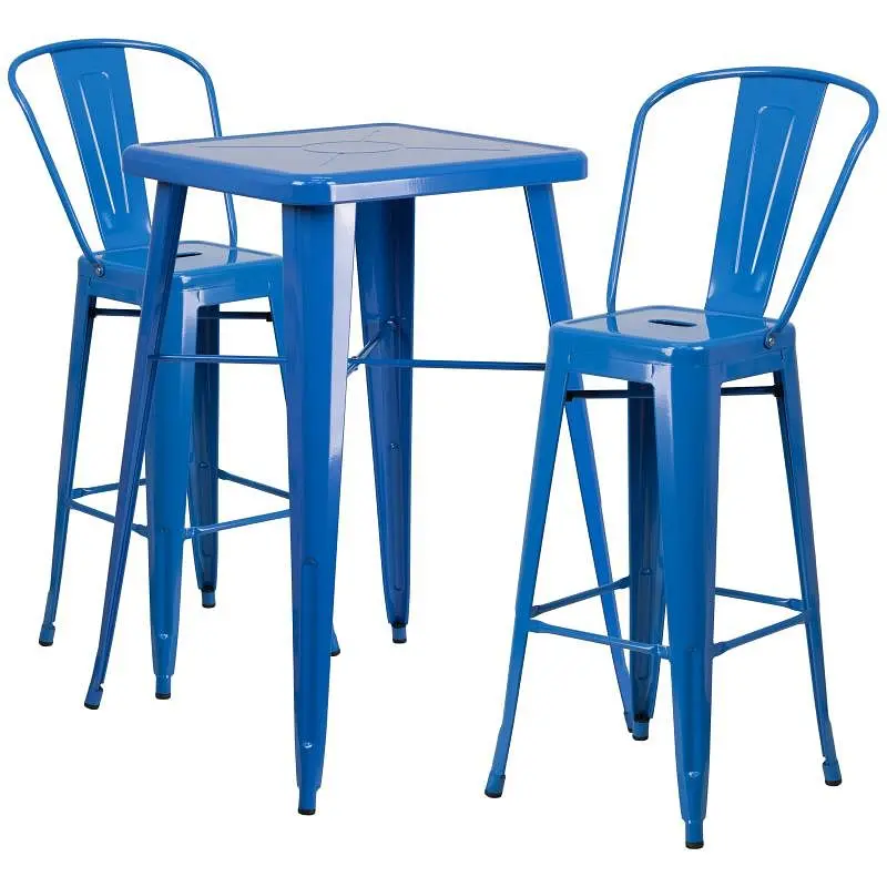 Flash Durable Furniture Gable Commercial Grade 23.75" Square Navy Blue Metal Indoor-Outdoor Bar Table Set 2 Stools Ba...