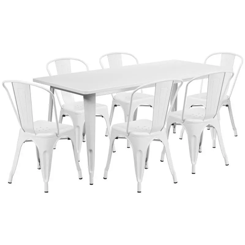 Flash Easy Furniture Gilbert Commercial Grade 31.5" x 63" Rectangular White Metal Indoor-Outdoor Table Set 6 Sta...