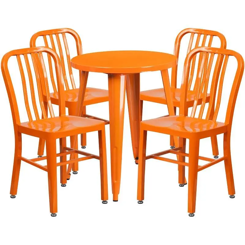 Flash Easy Furniture Thomas Commercial Grade 24" Round Orange Metal Indoor-Outdoor Table Set 4 Vertical Slat Back Cha...