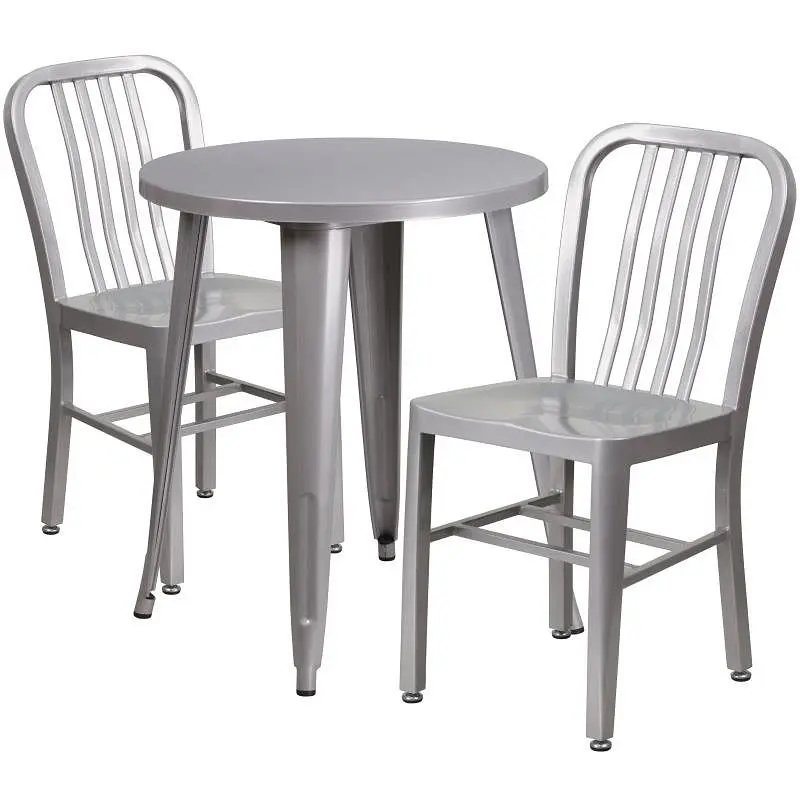 Flash Easy-Install Furniture Napoleon Commercial Grade 24" Round Brushed Silver Metal Indoor-Outdoor Table Set 2 Vert...