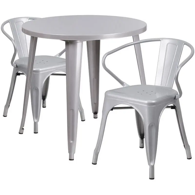 Flash Eco-Friendly Furniture Conrad Commercial Grade 30" Round Polished Silver Metal Indoor-Outdoor Table Set 2 Arm C...