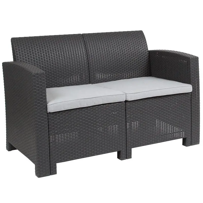 Flash Ergonomic Furniture Seneca Dark Slate Gray Faux Rattan Loveseat All-Weather Seneca Light Gray Cushions, DAD-SF2-2-DK...
