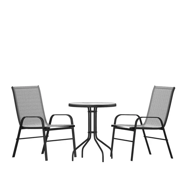 Flash Expert Furniture Brazos 3 Piece Outdoor Patio Dining Set - 23.75" Round Tempered Glass Patio Table, 2 Gray Flex...