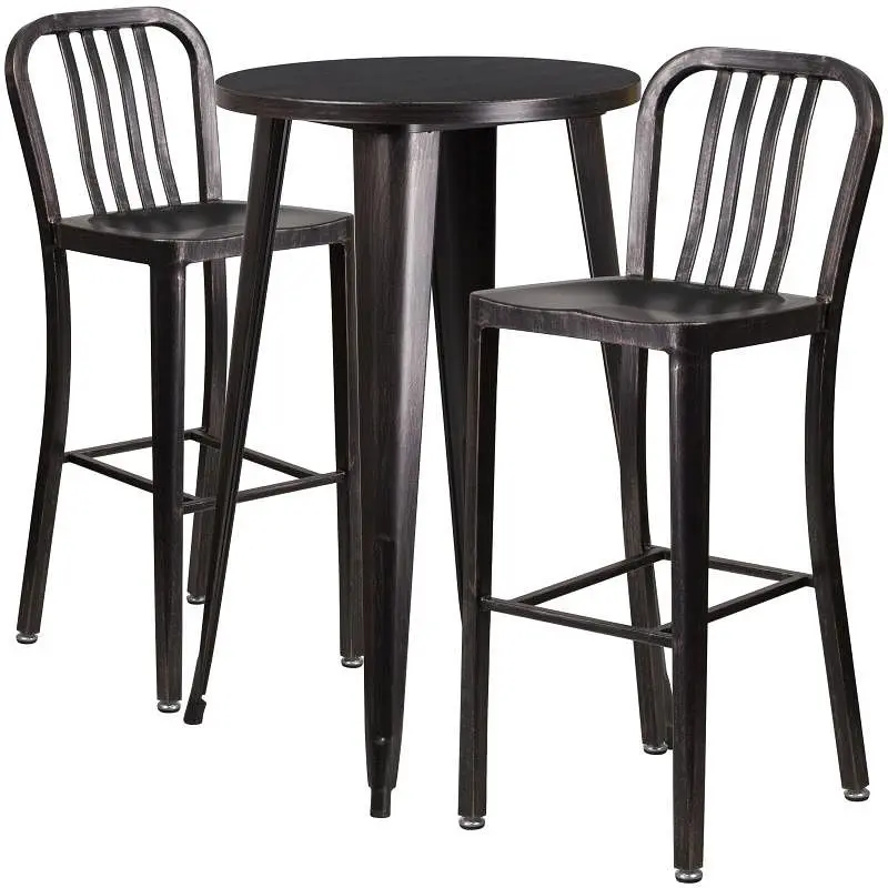 Flash Expert Furniture Earl Commercial Grade 24" Round Carbon Black-Antique Gold Metal Bar Table Set 2 Vertical Slat ...