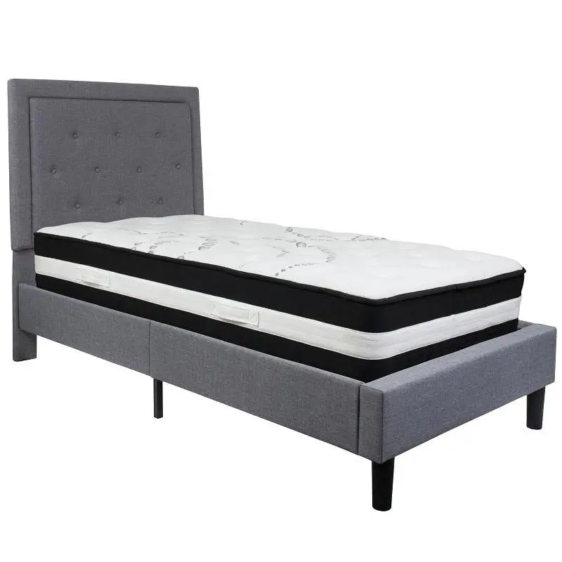 Flash Expert Furniture Roxbury Twin Size Tufted Upholstered Platform Bed Light Gray Fabric Pocket Spring Mattress, SL-BM-2...