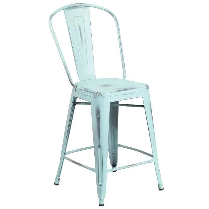 Flash Fade-Resistant Furniture Carly Commercial Grade 24" High Distressed Green-Blue Metal Indoor-Outdoor Counter Hei...