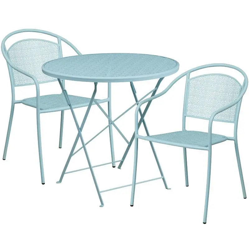 Flash Fast Furniture Oia Commercial Grade 30" Round Sky Blue Indoor-Outdoor High-Carbon Steel Folding Patio Table Set...