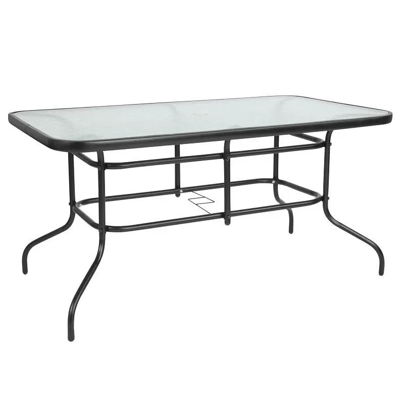 Flash Fast Furniture Tory 31.5" x 55" Rectangular Tempered Glass Metal Table Umbrella Hole, TLH-089-GG Flash Fur...