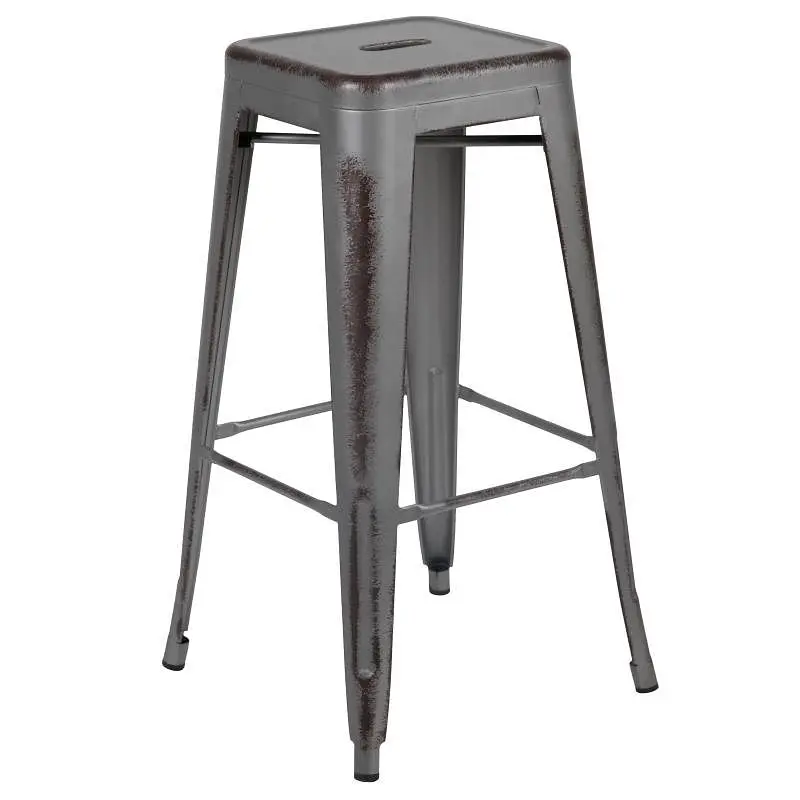 Flash Fast-Acting Furniture Kai Commercial Grade 30" High Backless Distressed Silver Gray Metal Indoor-Outdoor Barsto...