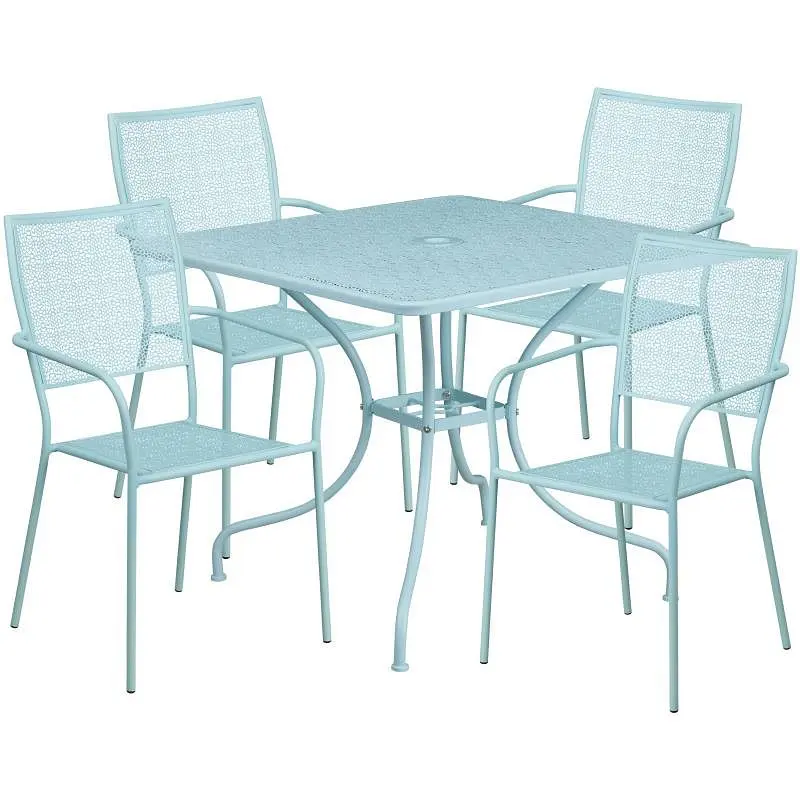 Flash First-Rate Furniture Oia Commercial Grade 35.5" Square Sky Blue Indoor-Outdoor Carbon Steel Patio Table Set 4 S...