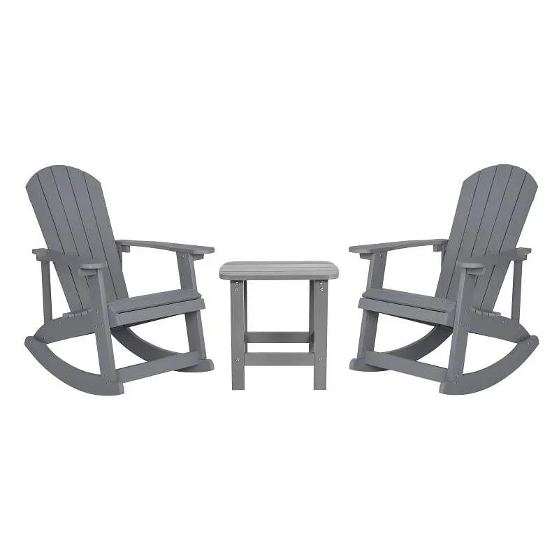Flash First-Rate Furniture Set 2 Savannah All-Weather Poly Resin Wood Adirondack Rocking Chairs Side Table Silver Gray, JJ...