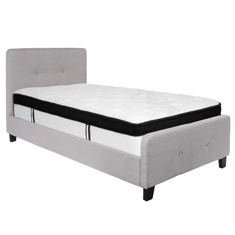 Flash First-Rate Furniture Tribeca Twin Size Tufted Upholstered Platform Bed Light Gunmetal Fabric Memory Foam Mattress, H...