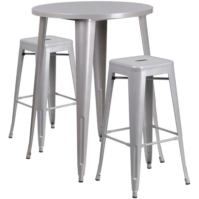 Flash Flexible Furniture Boyd Commercial Grade 30" Round Metallic Silver Metal Indoor-Outdoor Bar Table Set 2 Square ...