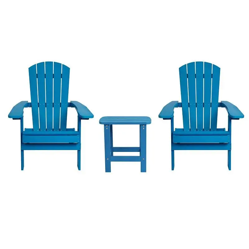 Flash Flexible Furniture 2 Pack Charlestown All-Weather Poly Resin Folding Adirondack Chairs Side Table Blue, JJ-C14505-2-...