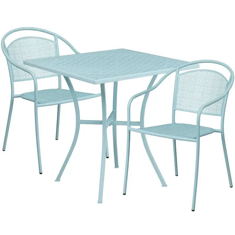 Flash Fluorescent Furniture Oia Commercial Grade 28" Square Sky Blue Indoor-Outdoor Steel Patio Table Set 2 Round Bac...