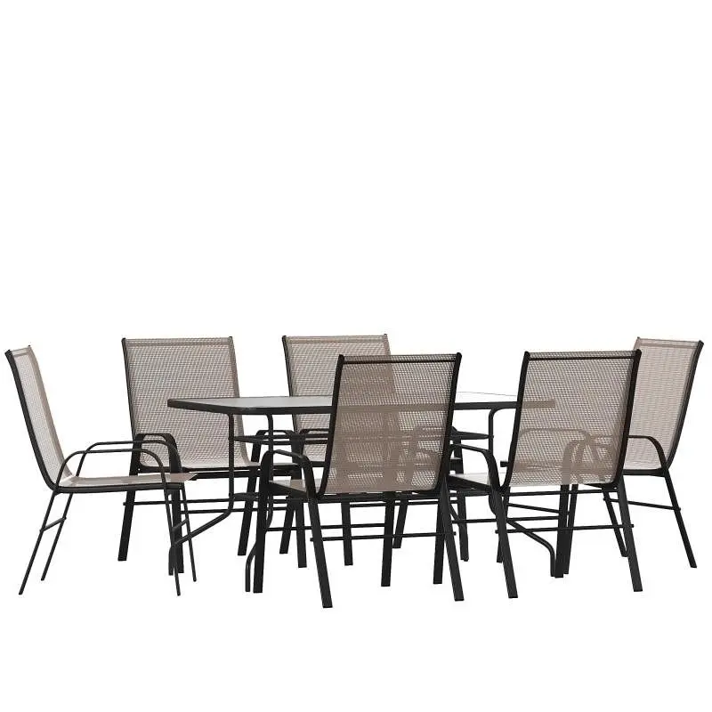 Flash Fortified Furniture Brazos 7 Piece Outdoor Patio Dining Set, 55" Tempered Glass Table Umbrella Hole, 6 Brown Fl...