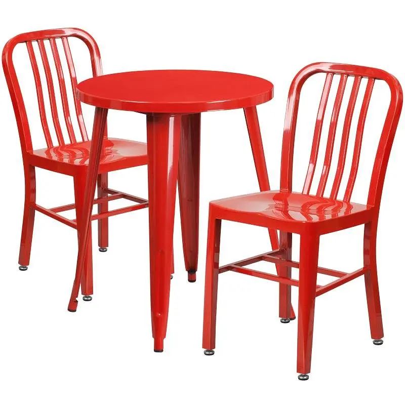 Flash Fortified Furniture Napoleon Commercial Grade 24" Round Red Metal Indoor-Outdoor Table Set 2 Vertical Slat Back...