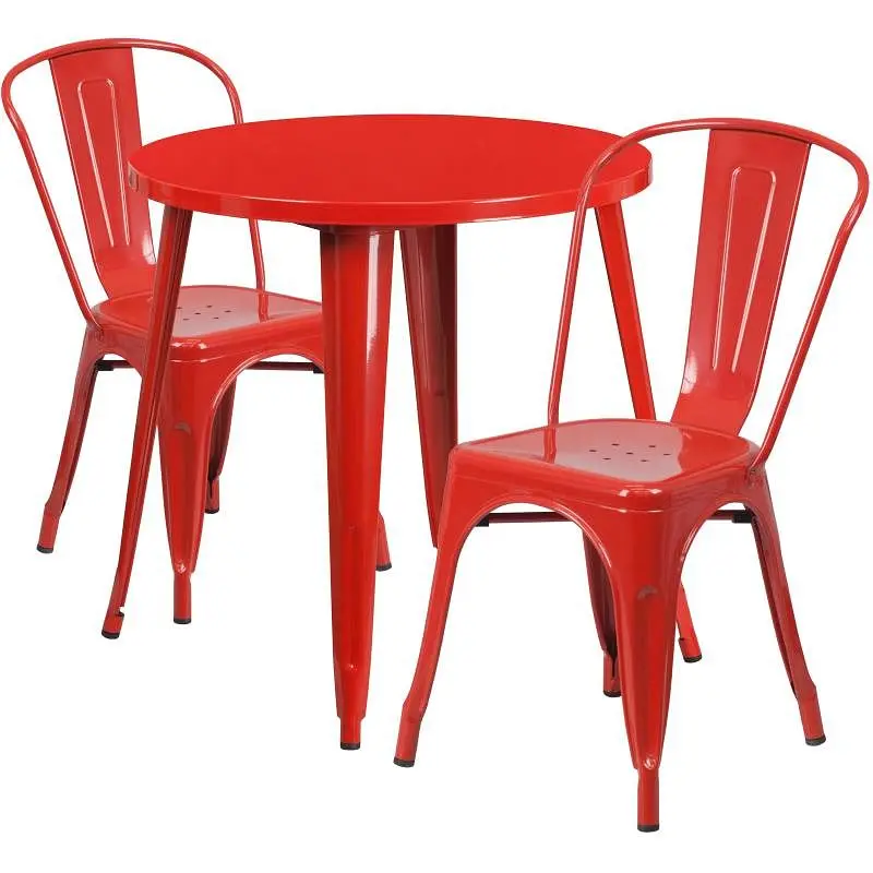 Flash Furniture Baker Commercial Grade 30" Round Red Metal Indoor-Outdoor Table Set 2 Cafe Chairs, CH-51090TH-2-18CAF...
