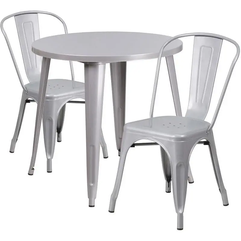 Flash Furniture Baker Commercial Grade 30" Round Silver Metal Indoor-Outdoor Table Set 2 Cafe Chairs, CH-51090TH-2-18...