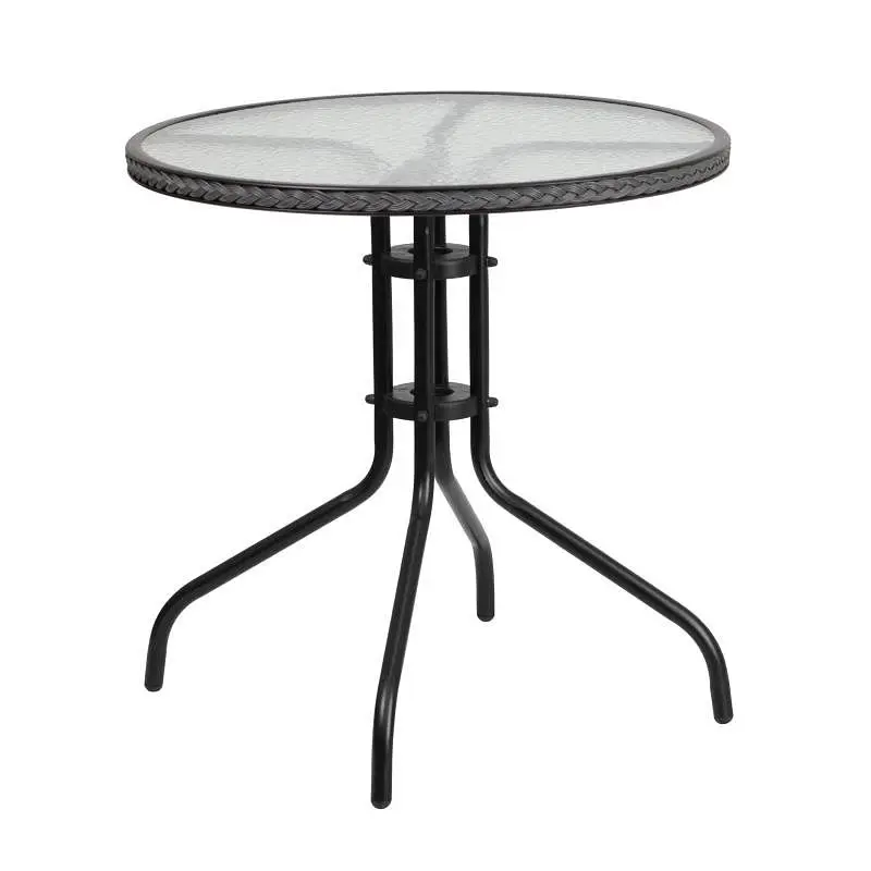 Flash Furniture Barker 28'' Round Tempered Glass Metal Table Grey Rattan Edging, TLH-087-GY-GG