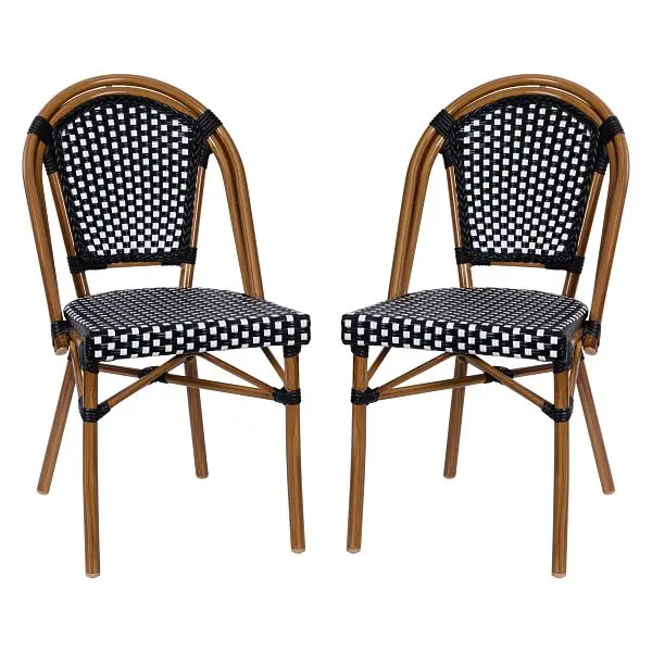 Flash Furniture Bordeaux Indoor/Outdoor Commercial French Bistro Stacking Chairs, Carbon Black/Pure White, Bamboo Print, S...